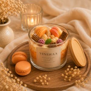 Home VINERAA Macaron Melt Candle with macarons and chocolate decorations on luxury beige background