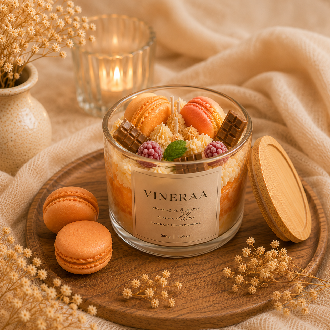 Macaron Melt Candle | Handmade Dessert Candle Online | VINERAA VINERAA Macaron Melt Candle with macarons and chocolate decorations on luxury beige background