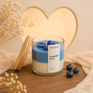 Home Vineraa Blueberry Bliss scented soy wax candle by VINERAA with blueberry toppings and luxury beige aesthetic background