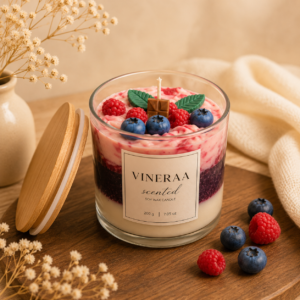Home Triple Berry Parfait Soy Wax Candle by VINERAA with raspberry and blueberry-inspired design