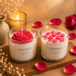 Home VINERAA Velvet Rose and Little Heart candle from the Romantic Sweet Essences collection featuring rose and heart wax detailing