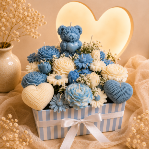 Home VINERAA customised candle bouquet gift hamper with handmade floral candles and heart-shaped soy wax candles