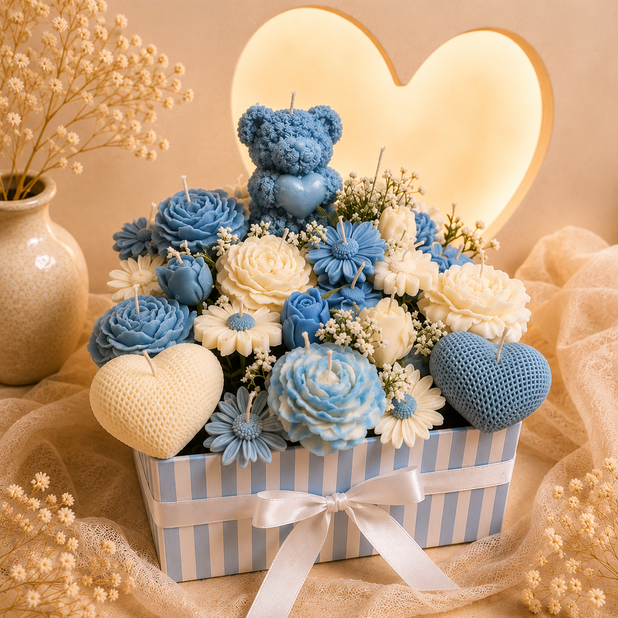 Customised Heart Candle Bouquet | Handmade Gift Candle Arrangement | VINERAA VINERAA customised candle bouquet gift hamper with handmade floral candles and heart-shaped soy wax candles