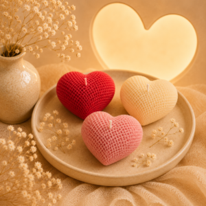 Home Handmade heart-shaped soy wax candles by VINERAA in a romantic luxury setting with warm ambient lighting.