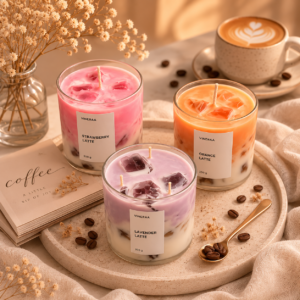 Home VINERAA handmade soy wax latte candles in Strawberry, Lavender and Orange fragrances with coffee-inspired aesthetic background